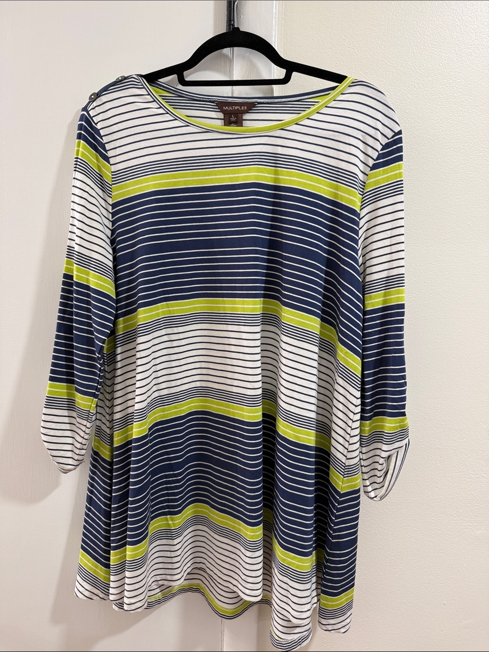 Nwt’s Multiples Navy, White & Lime Striped Tunic Top size large
